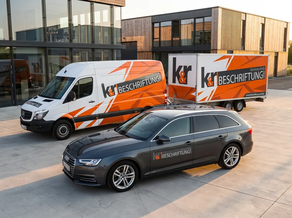 K&R Fahrzeugflotte: PKW mit dezentem Schriftzug, Transporter mit auffälliger Vollfolierung und Anhänger